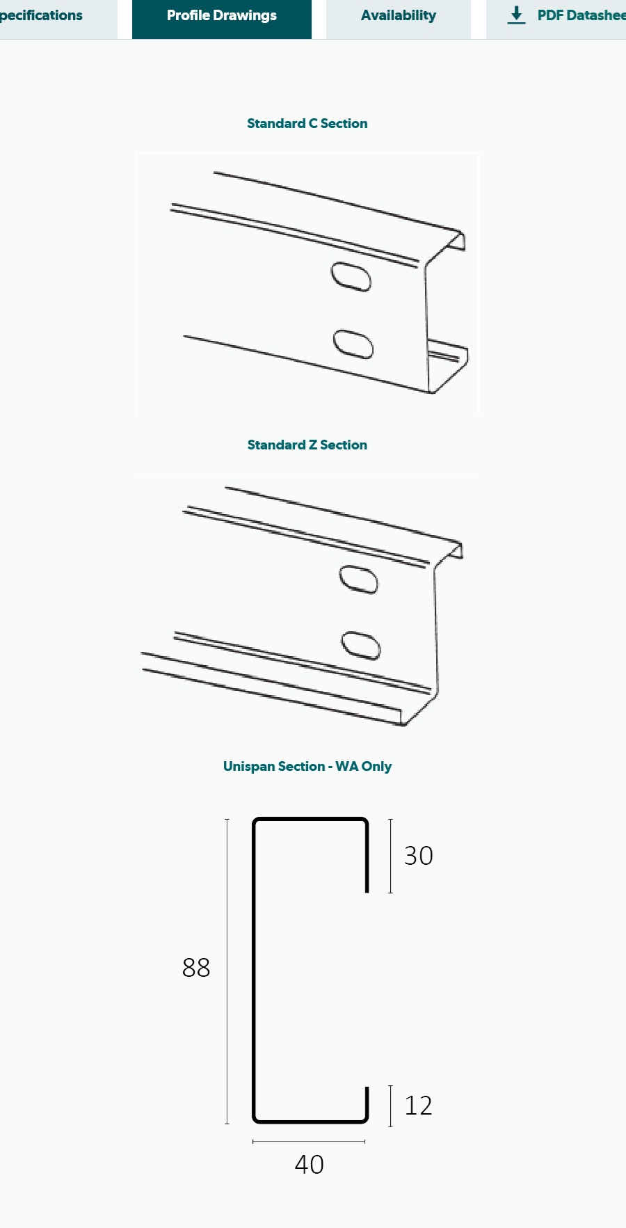 Profile drawings for Z and C Purlins and girts